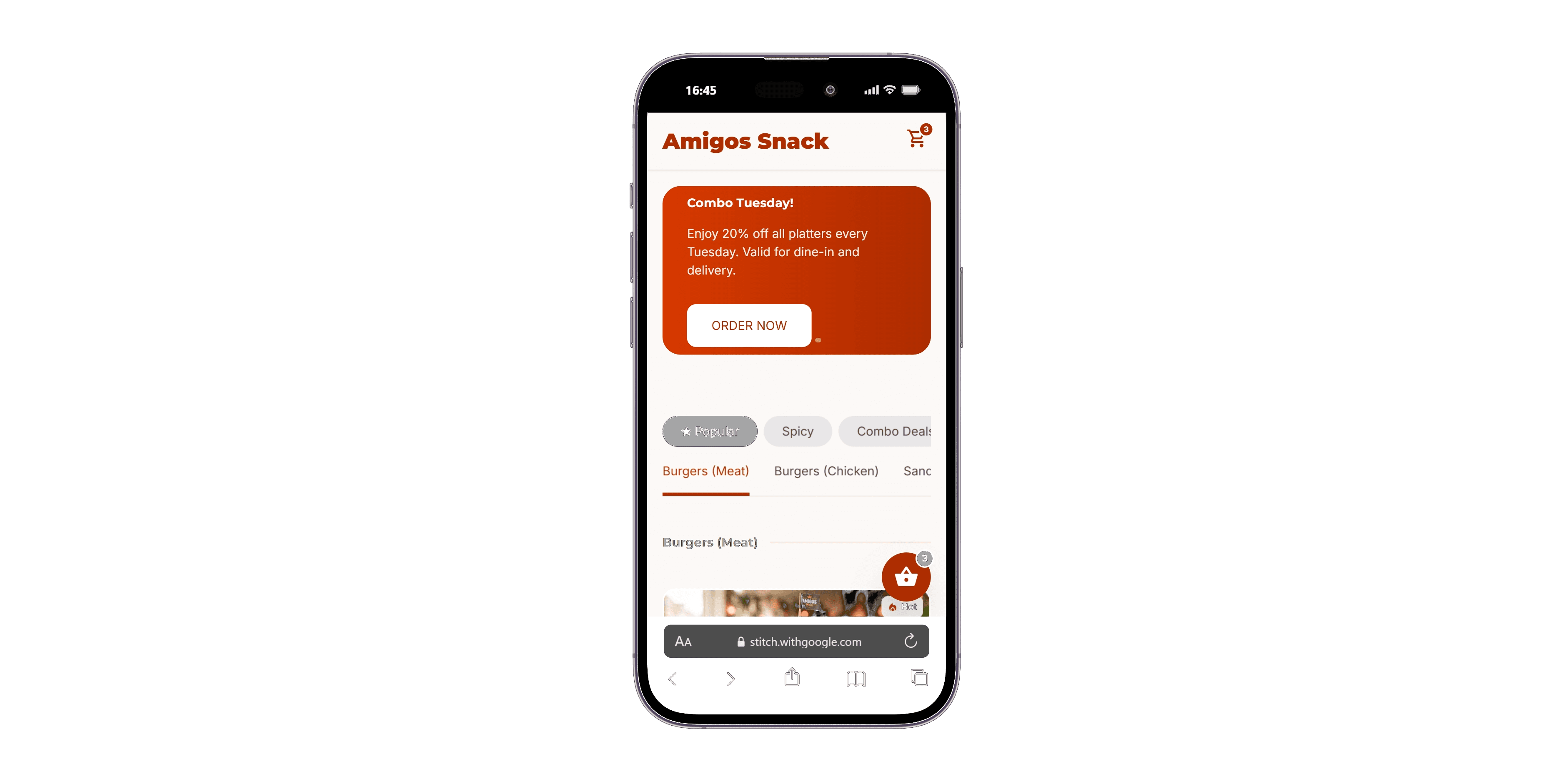 Fast Food menu — phone view