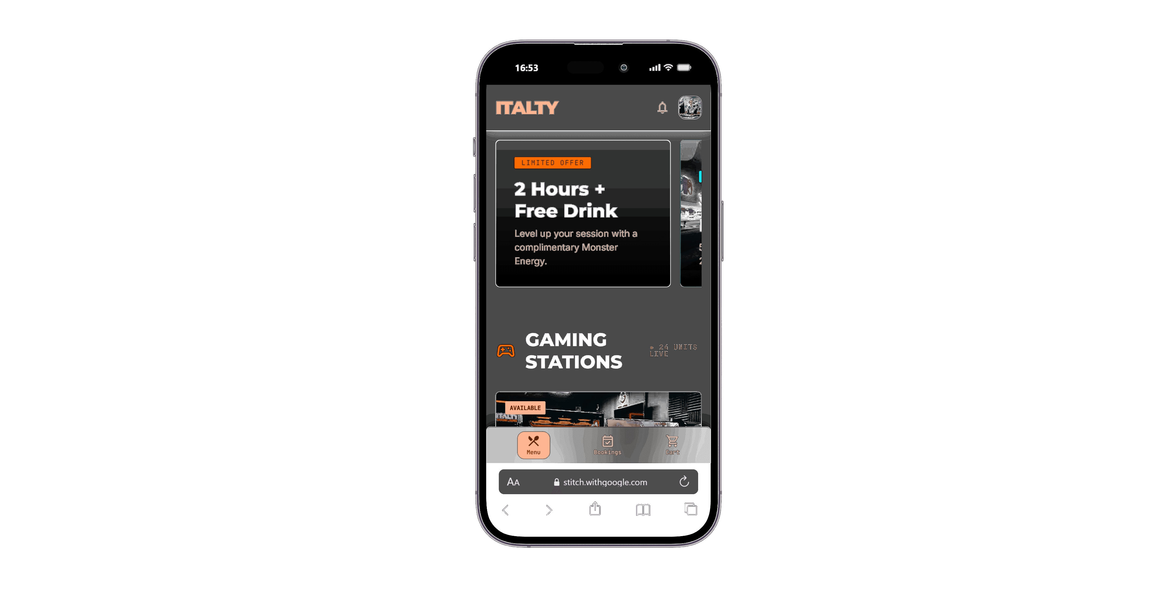 Gaming Lounge menu — phone view