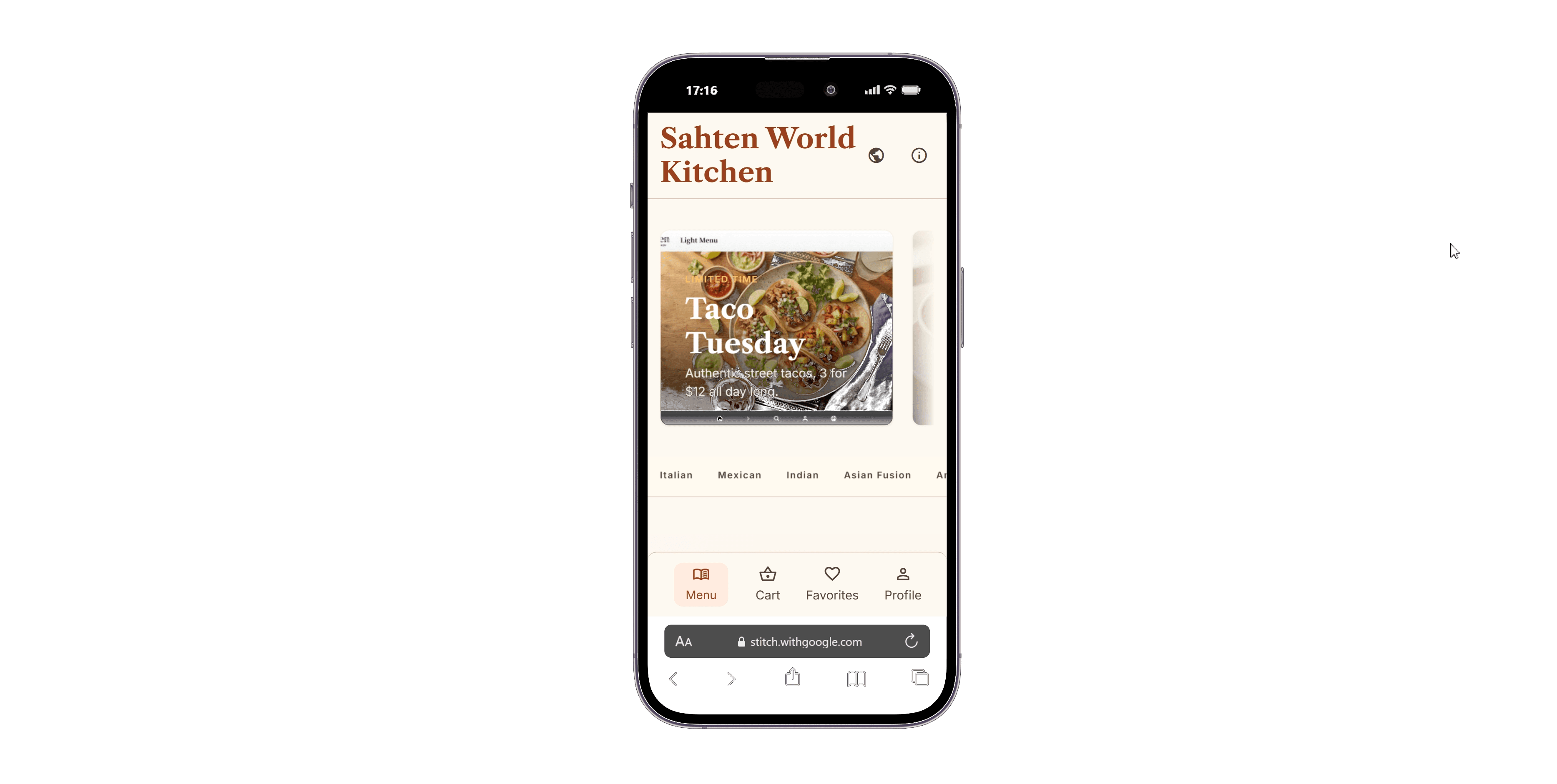 International menu — phone view