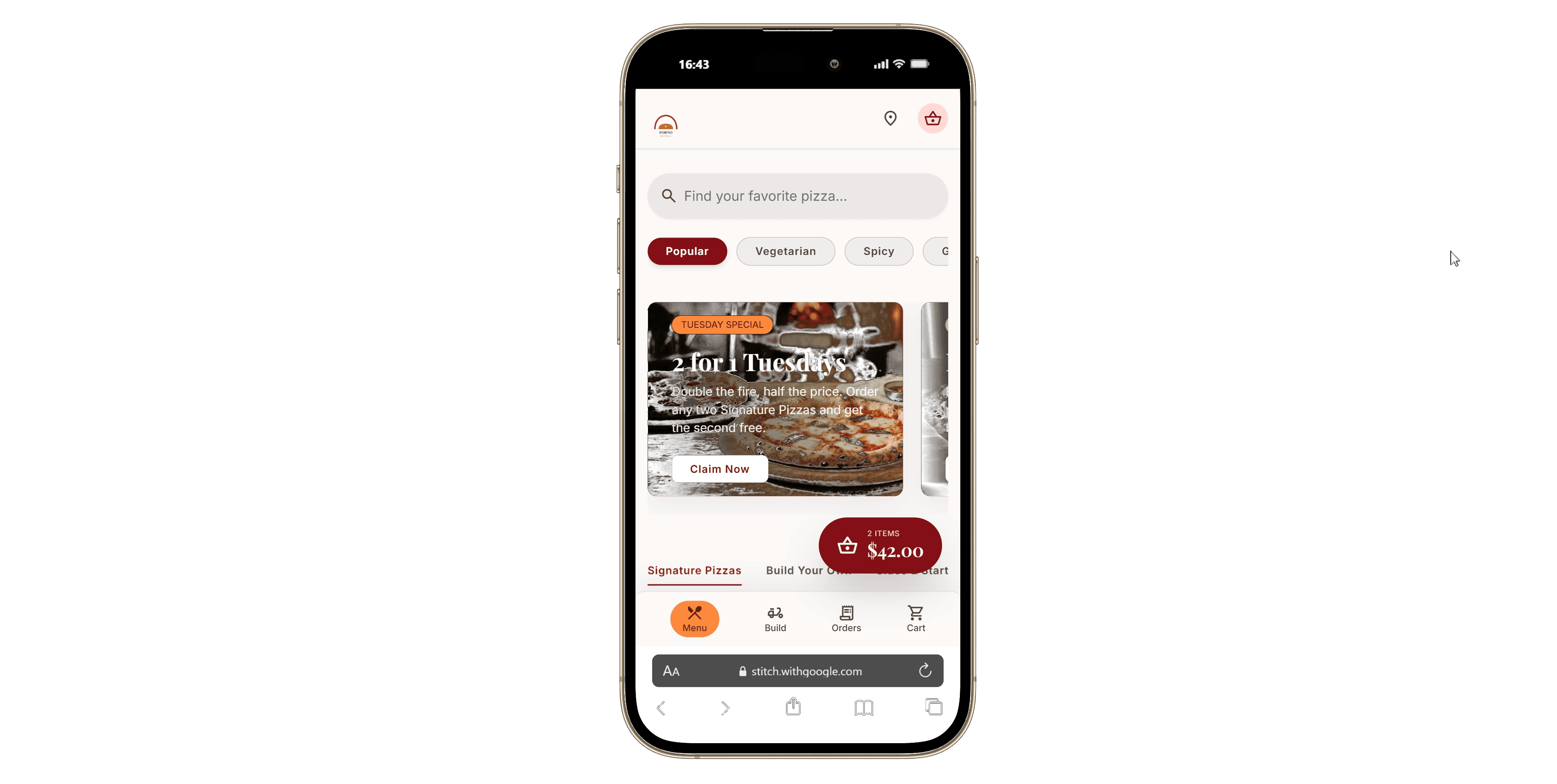 Pizza menu — phone view