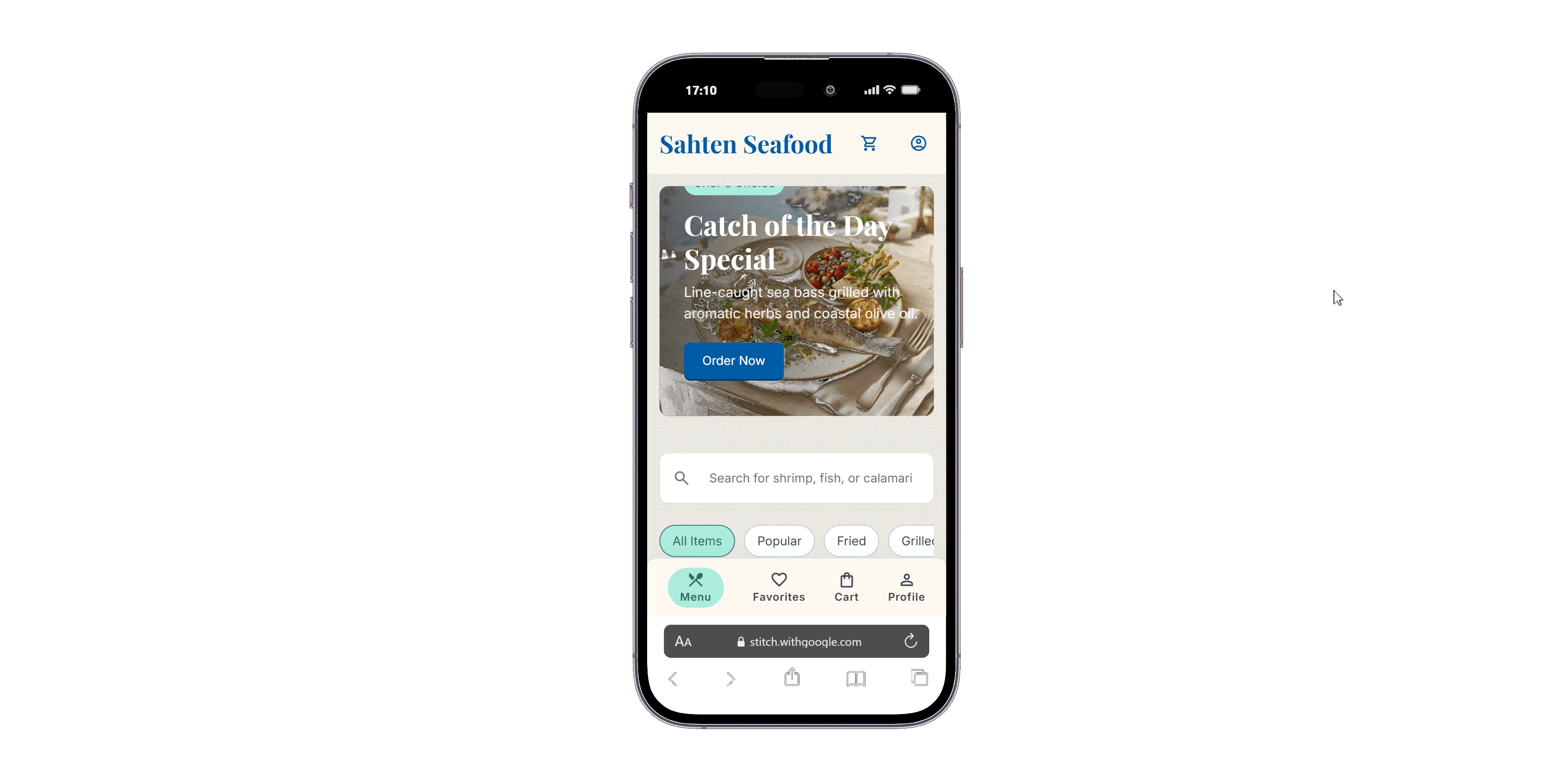 Seafood menu — phone view
