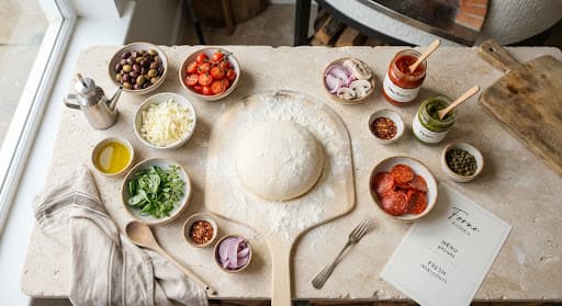 Fresh pizza ingredients laid out on a stone counter
